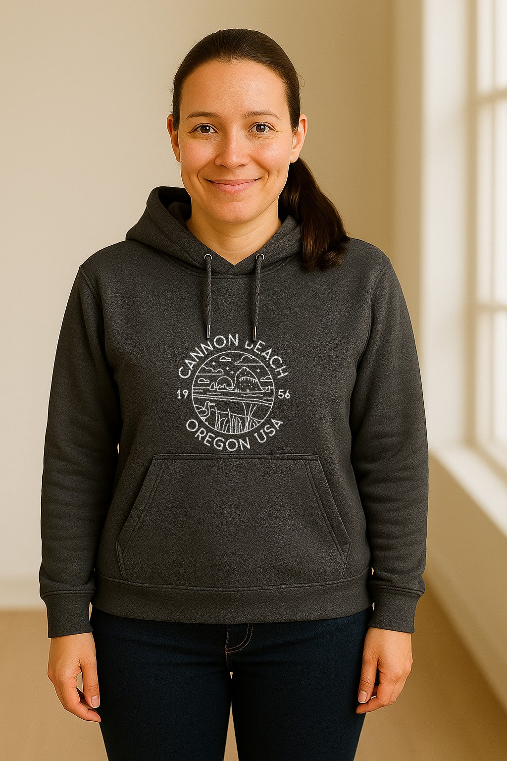 Cannon Beach Oregon Hoodie - Coastal Landscape Line Art Pullover with Sea Stack for Summer Trips and Travel