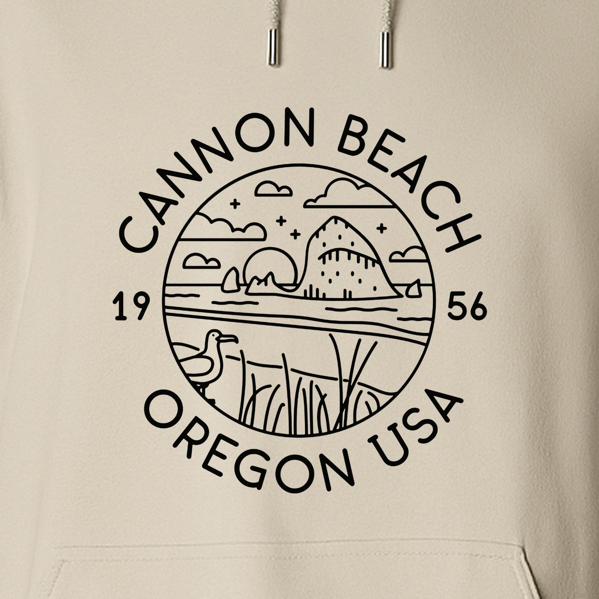 Cannon Beach Oregon Hoodie - Coastal Landscape Line Art Pullover with Sea Stack for Summer Trips and Travel