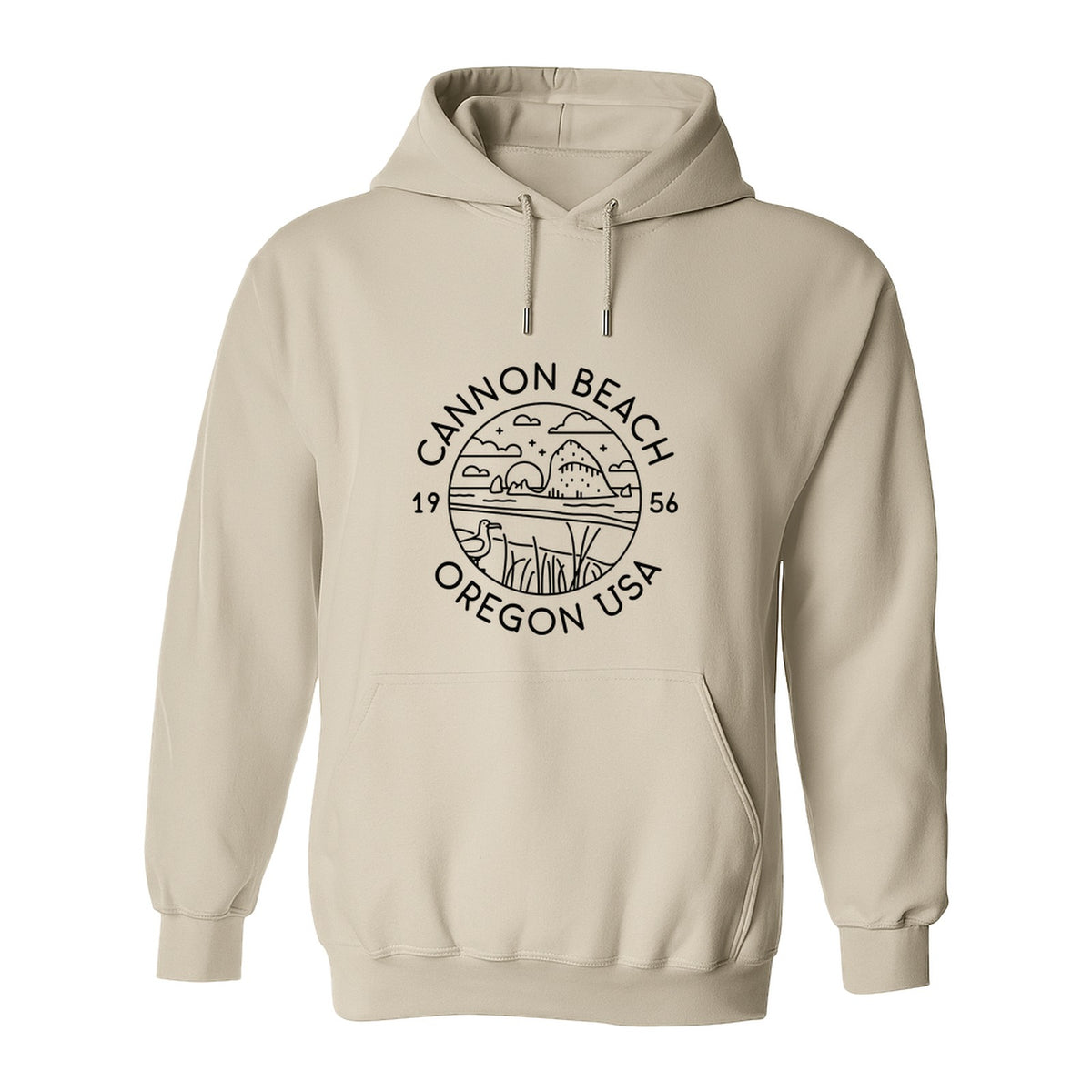 Cannon Beach Oregon Hoodie - Coastal Landscape Line Art Pullover with Sea Stack for Summer Trips and Travel