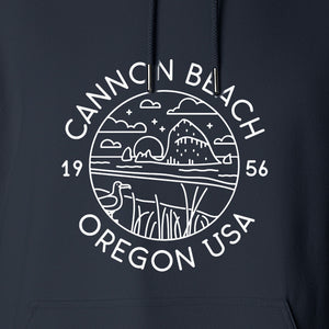 Cannon Beach Oregon Hoodie - Coastal Landscape Line Art Pullover with Sea Stack for Summer Trips and Travel