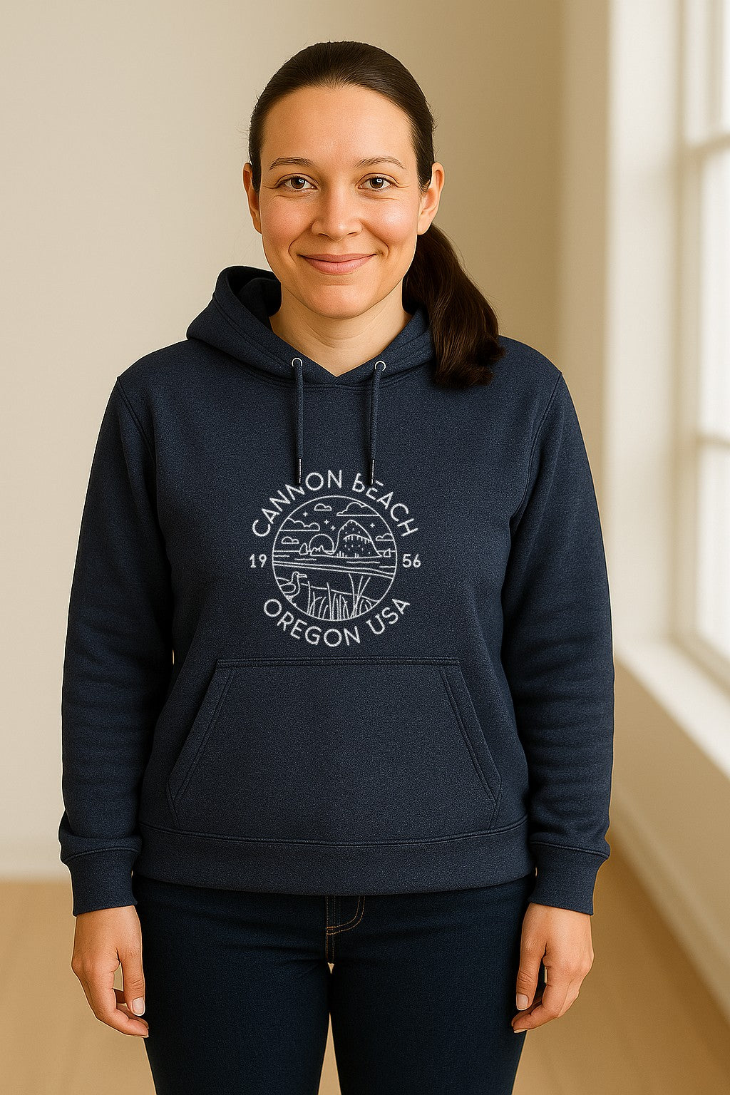 Cannon Beach Oregon Hoodie - Coastal Landscape Line Art Pullover with Sea Stack for Summer Trips and Travel