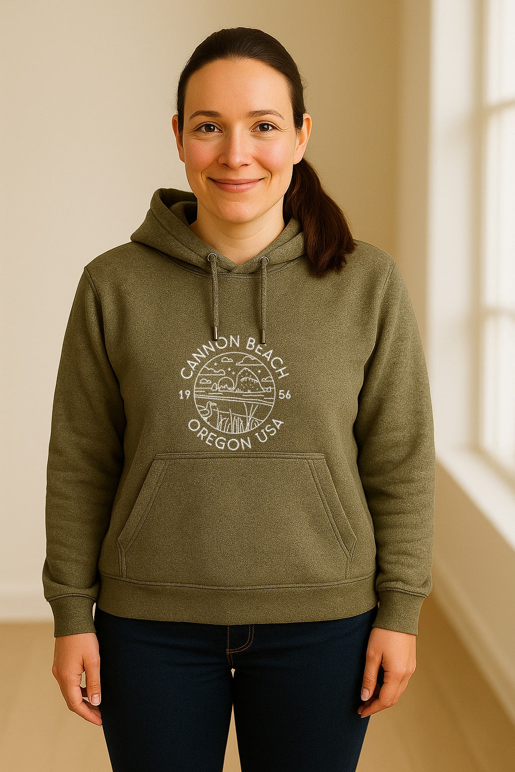 Cannon Beach Oregon Hoodie - Coastal Landscape Line Art Pullover with Sea Stack for Summer Trips and Travel