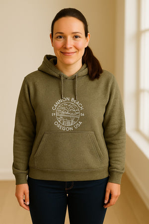 Cannon Beach Oregon Hoodie - Coastal Landscape Line Art Pullover with Sea Stack for Summer Trips and Travel