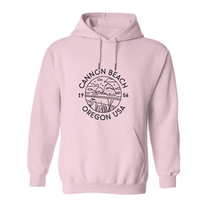 Cannon Beach Oregon Hoodie - Coastal Landscape Line Art Pullover with Sea Stack for Summer Trips and Travel