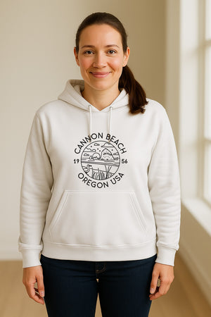 Cannon Beach Oregon Hoodie - Coastal Landscape Line Art Pullover with Sea Stack for Summer Trips and Travel