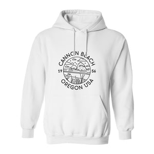 Cannon Beach Oregon Hoodie - Coastal Landscape Line Art Pullover with Sea Stack for Summer Trips and Travel