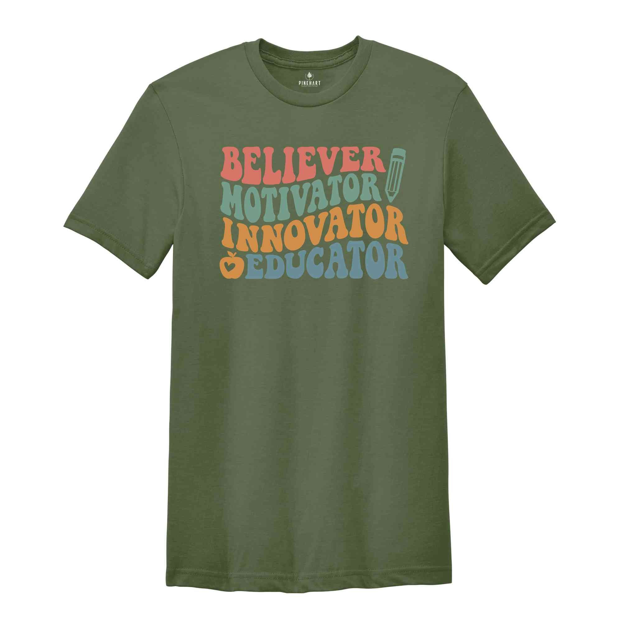 Believer Motivator Innovator Educator Tee, Teacher Appreciation, Teacher Shirt, Back To School Tee, School Shirt, Cute Teacher Gift