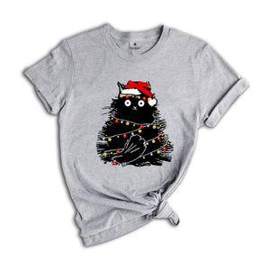 Bemusedly Black Christmas Cat Tee, Black Cat Shirt, Christmas Shirt, Cat Lover Shirt ,Funny Christmas Gift, Santa Claus Shirt, Holiday Shirt