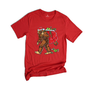 Bigfoot Carrying Presents Shirt, Funny Christmas T-Shirt, Big Foot Hunter Shirt, Bigfoot Xmas Shirt, Christmas Gift