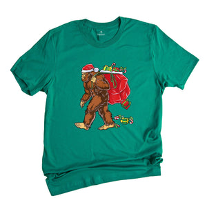 Bigfoot Carrying Presents Shirt, Funny Christmas T-Shirt, Big Foot Hunter Shirt, Bigfoot Xmas Shirt, Christmas Gift