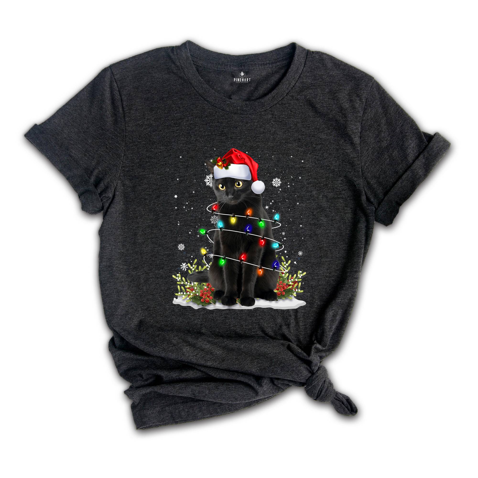Black Cat Christmas Shirt, Funny Christmas Shirts, Black Cat Shirt, Christmas Lights Holiday Shirt, Family Christmas Tee