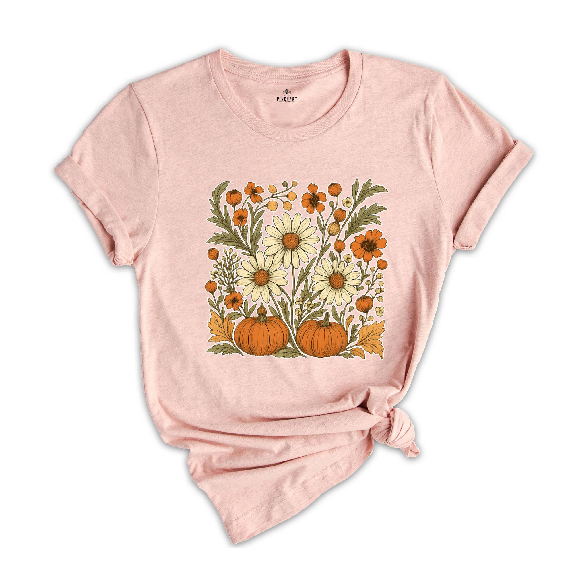 Boho Fall Floral Shirt, Retro Fall Tshirt, Autumn Vibes Shirt, Pumpkin Season Graphic Tee, Vintage Fall Pumpkin Aesthetic