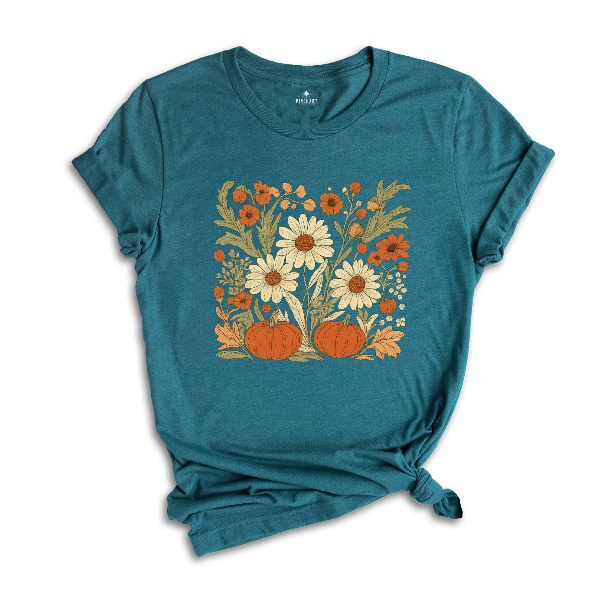 Boho Fall Floral Shirt, Retro Fall Tshirt, Autumn Vibes Shirt, Pumpkin Season Graphic Tee, Vintage Fall Pumpkin Aesthetic