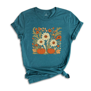 Boho Fall Floral Shirt, Retro Fall Tshirt, Autumn Vibes Shirt, Pumpkin Season Graphic Tee, Vintage Fall Pumpkin Aesthetic