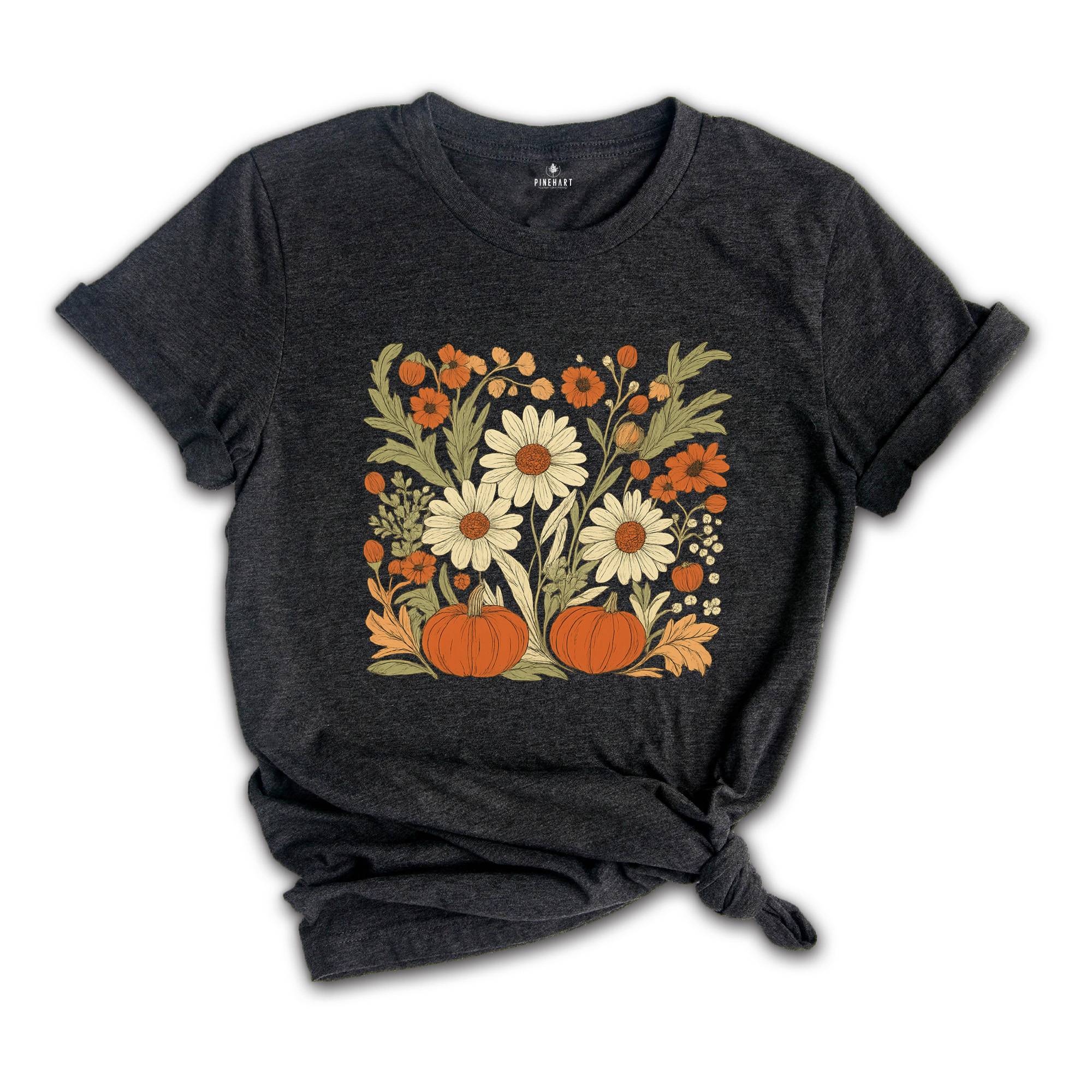 Boho Fall Floral Shirt, Retro Fall Tshirt, Autumn Vibes Shirt, Pumpkin Season Graphic Tee, Vintage Fall Pumpkin Aesthetic