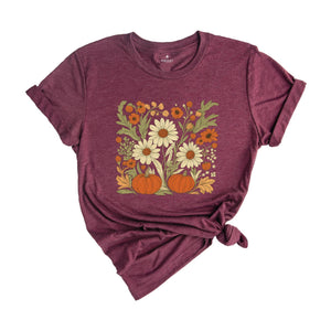 Boho Fall Floral Shirt, Retro Fall Tshirt, Autumn Vibes Shirt, Pumpkin Season Graphic Tee, Vintage Fall Pumpkin Aesthetic