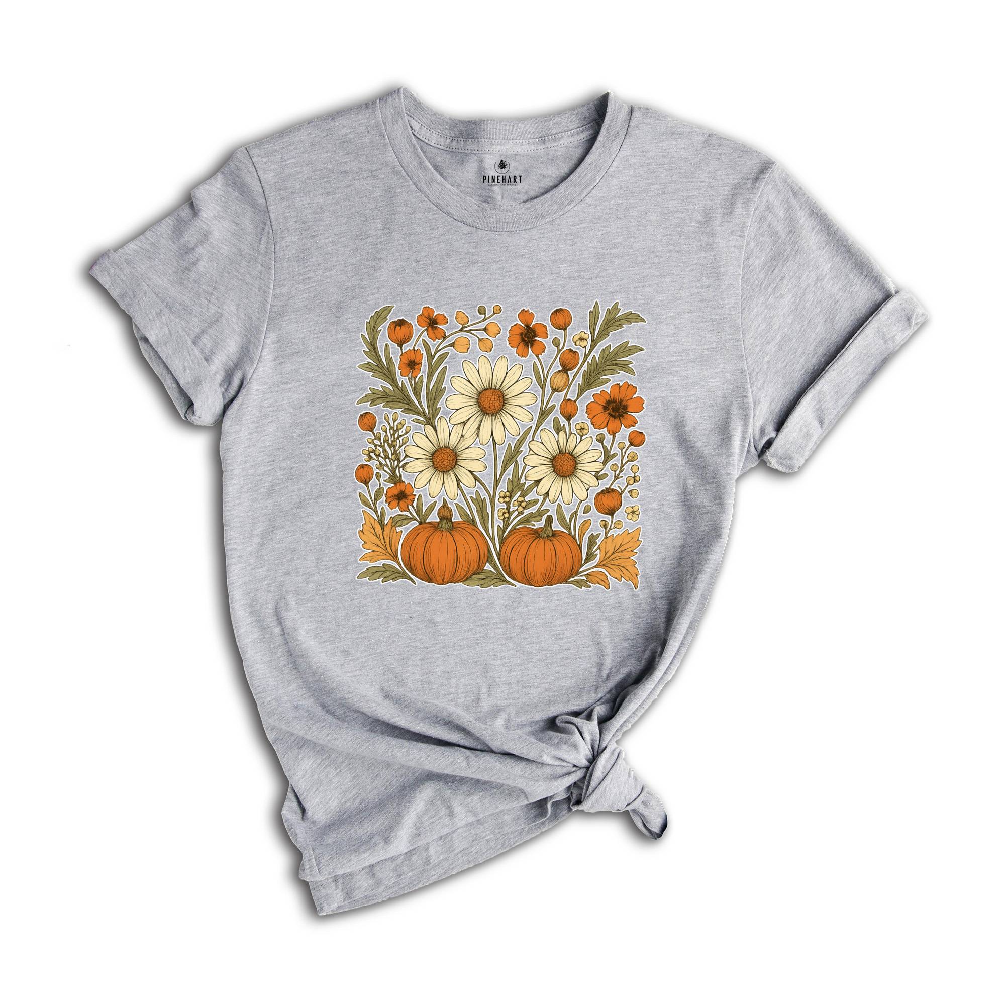 Boho Fall Floral Shirt, Retro Fall Tshirt, Autumn Vibes Shirt, Pumpkin Season Graphic Tee, Vintage Fall Pumpkin Aesthetic