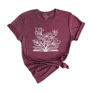 Book And Flower Shirt, Book Lover Gift, Book Lover Shirt, Floral Tshirt, Botanic Lover Tee, Nature Lover Shirt, Wildflower Gift