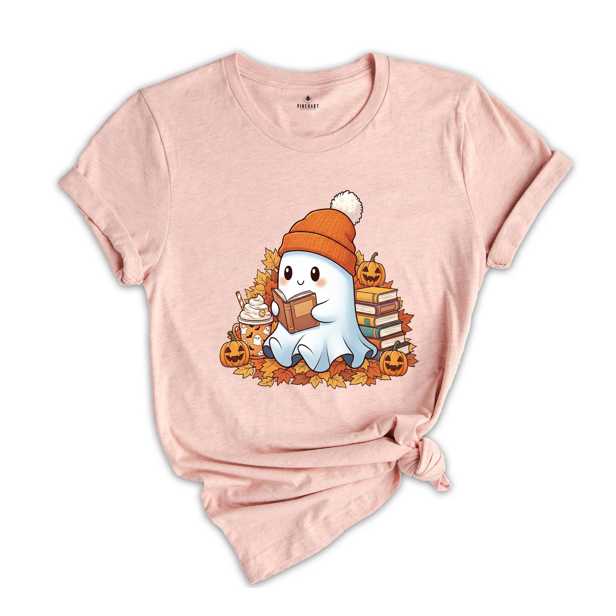 Bookish Ghost Shirt, Cute Halloween Reading Tee, Spooky Book Lover Shirt, Ghost Coffee Shirt, Funny Fall Teacher Tee