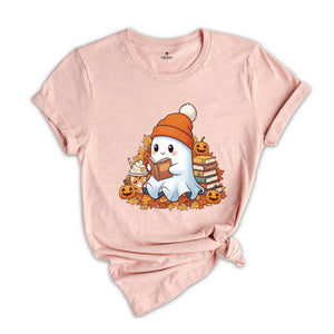 Bookish Ghost Shirt, Cute Halloween Reading Tee, Spooky Book Lover Shirt, Ghost Coffee Shirt, Funny Fall Teacher Tee