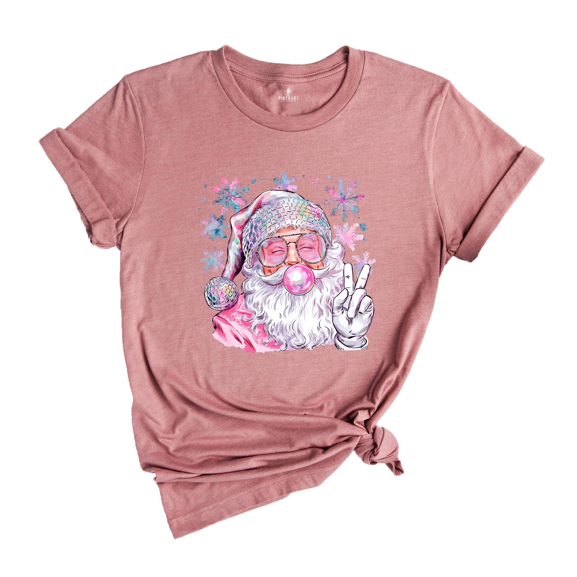 Christmas Bubble Gum Shirt, Santa Blowing Bubble Shirt, Pink Christmas Santa Shirt, Retro Christmas Shirt, Santa Bubble Gum Tee