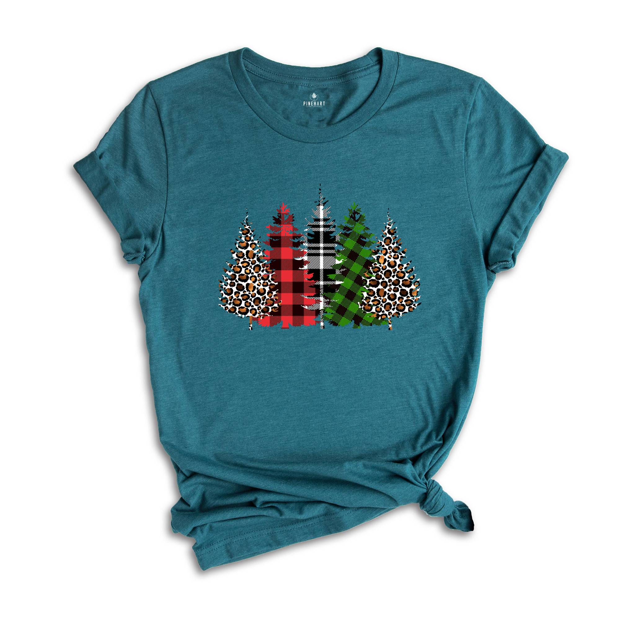 Christmas Buffalo Plaid Trees Shirt, Leopard Patterned Trees, Christmas Tree T-Shirt, Christmas Gift, Christmas Reunion