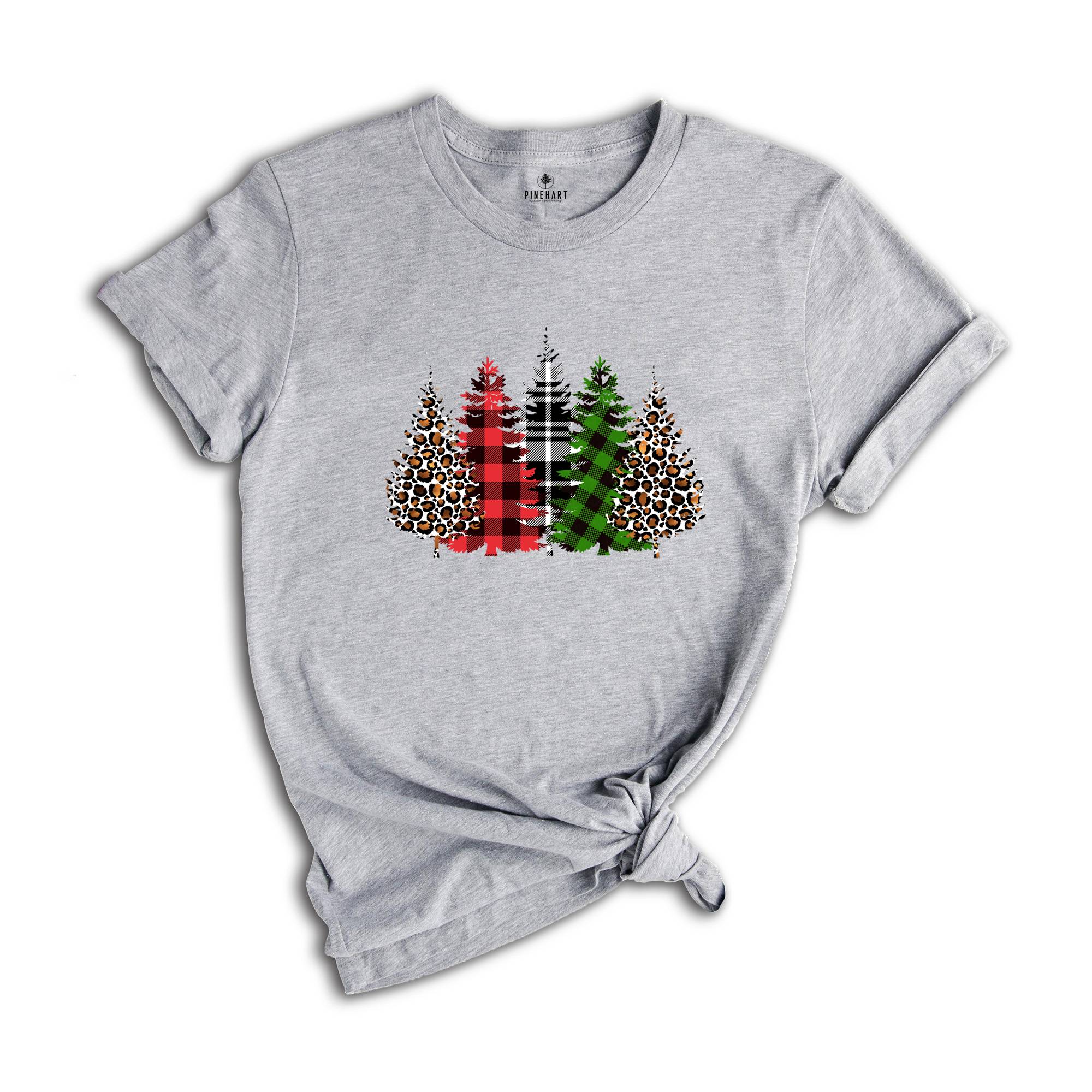 Christmas Buffalo Plaid Trees Shirt, Leopard Patterned Trees, Christmas Tree T-Shirt, Christmas Gift, Christmas Reunion