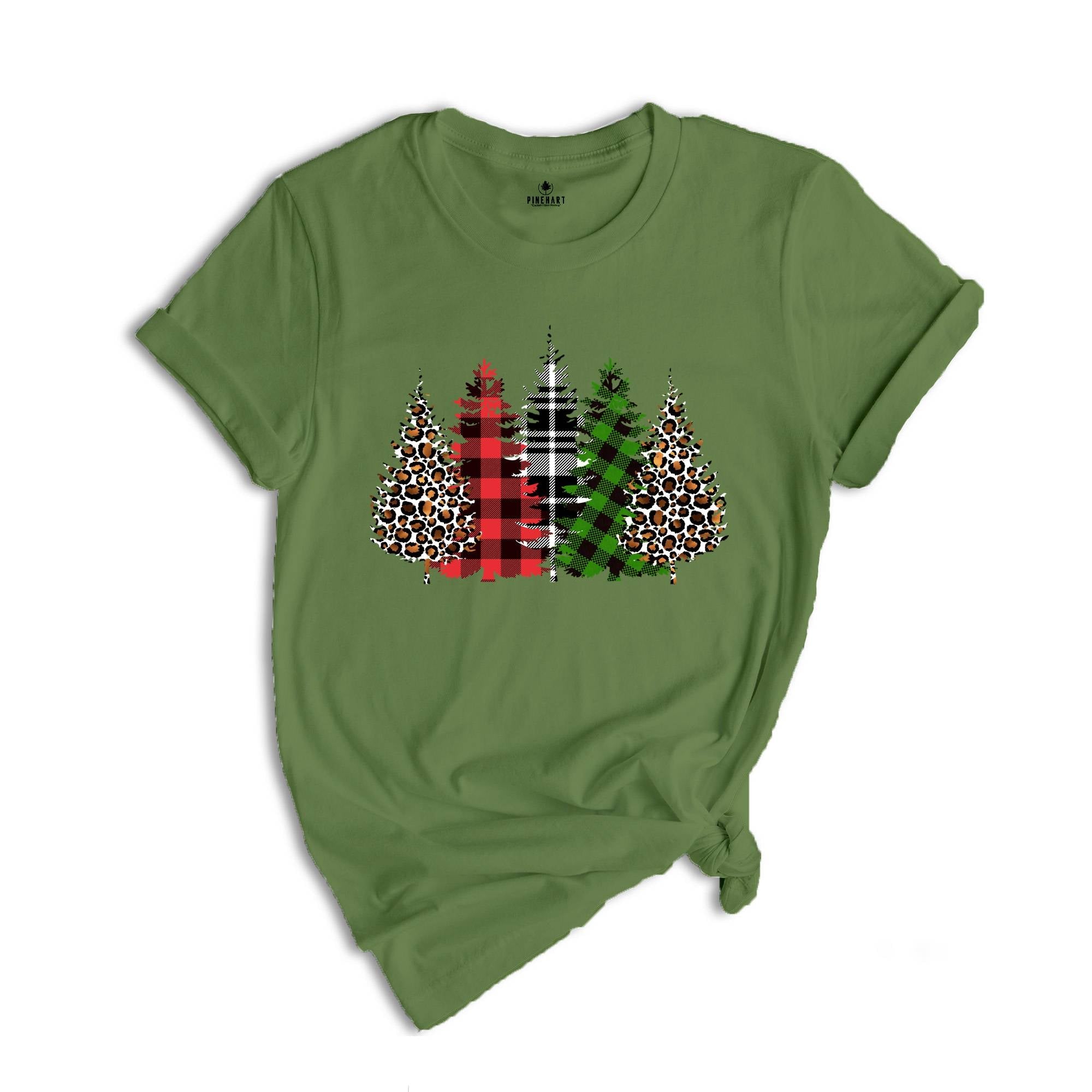 Christmas Buffalo Plaid Trees Shirt, Leopard Patterned Trees, Christmas Tree T-Shirt, Christmas Gift, Christmas Reunion