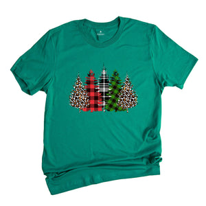 Christmas Buffalo Plaid Trees Shirt, Leopard Patterned Trees, Christmas Tree T-Shirt, Christmas Gift, Christmas Reunion