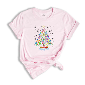 Christmas Cancer Awareness Tree T-Shirt, All Ribbons Shirt, Multicolored Ribbon Shirt, All About Cancer Tee, Christmas Awareness