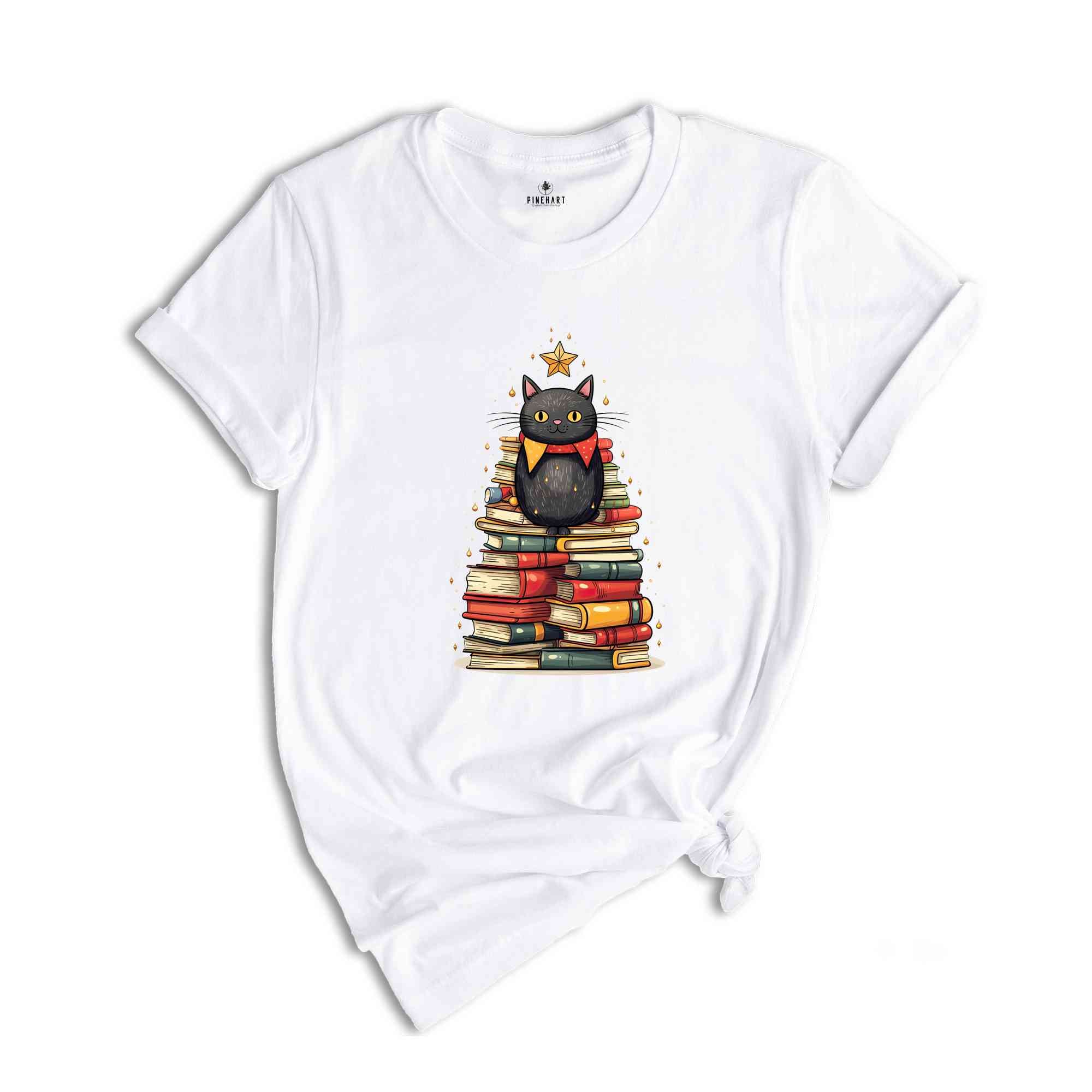 Christmas Cat Shirt, Book Tree Shirt, Cat Lover Shirt, Bookworm Shirt, Librarian Shirt, Christmas Gift, Christmas Party Shirt, Christmas Tee