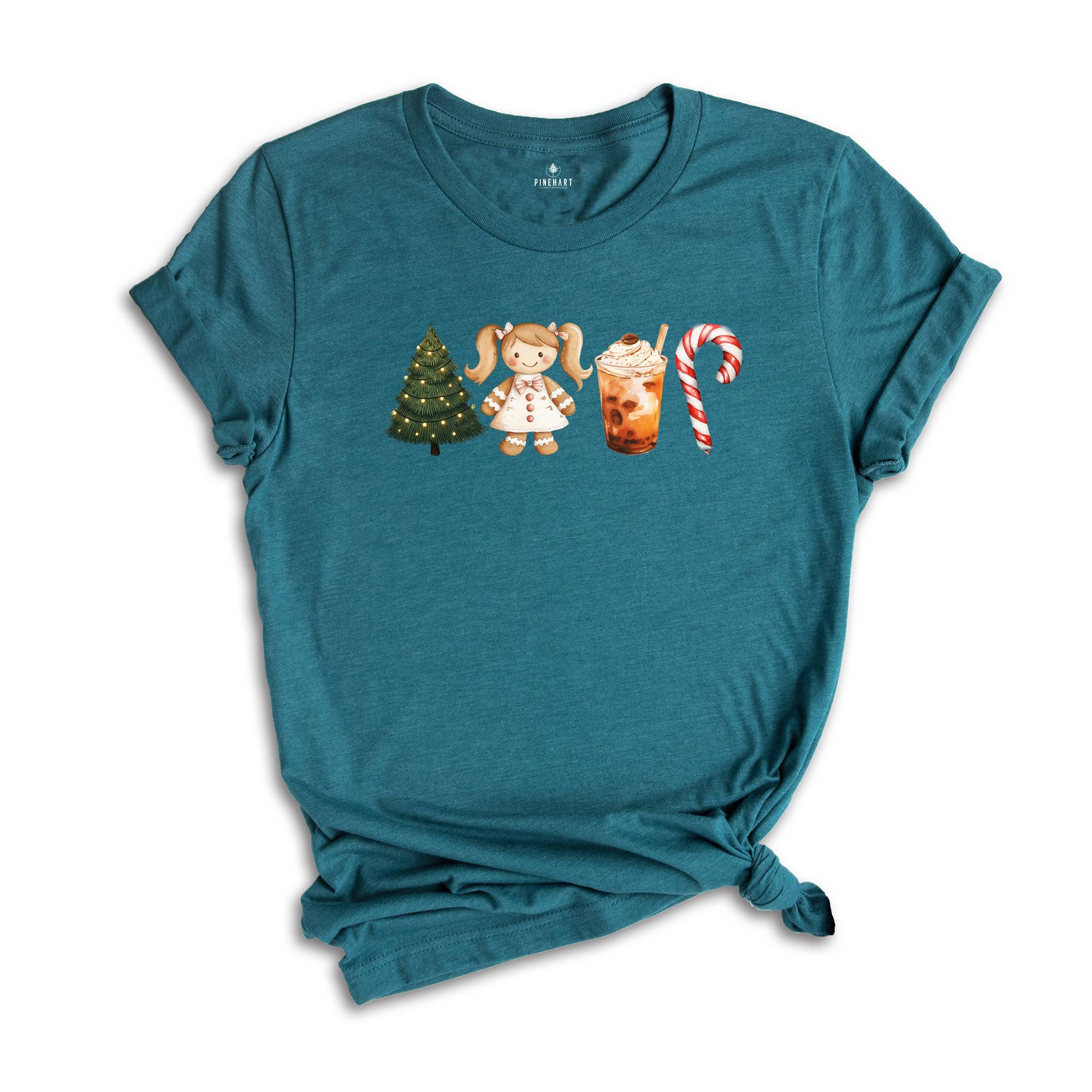 Christmas Coffee Latte Shirt, Christmas Gingerbread Boy Candy Cane Latte T-Shirt, Red Christmas Tree and Coffee Tee