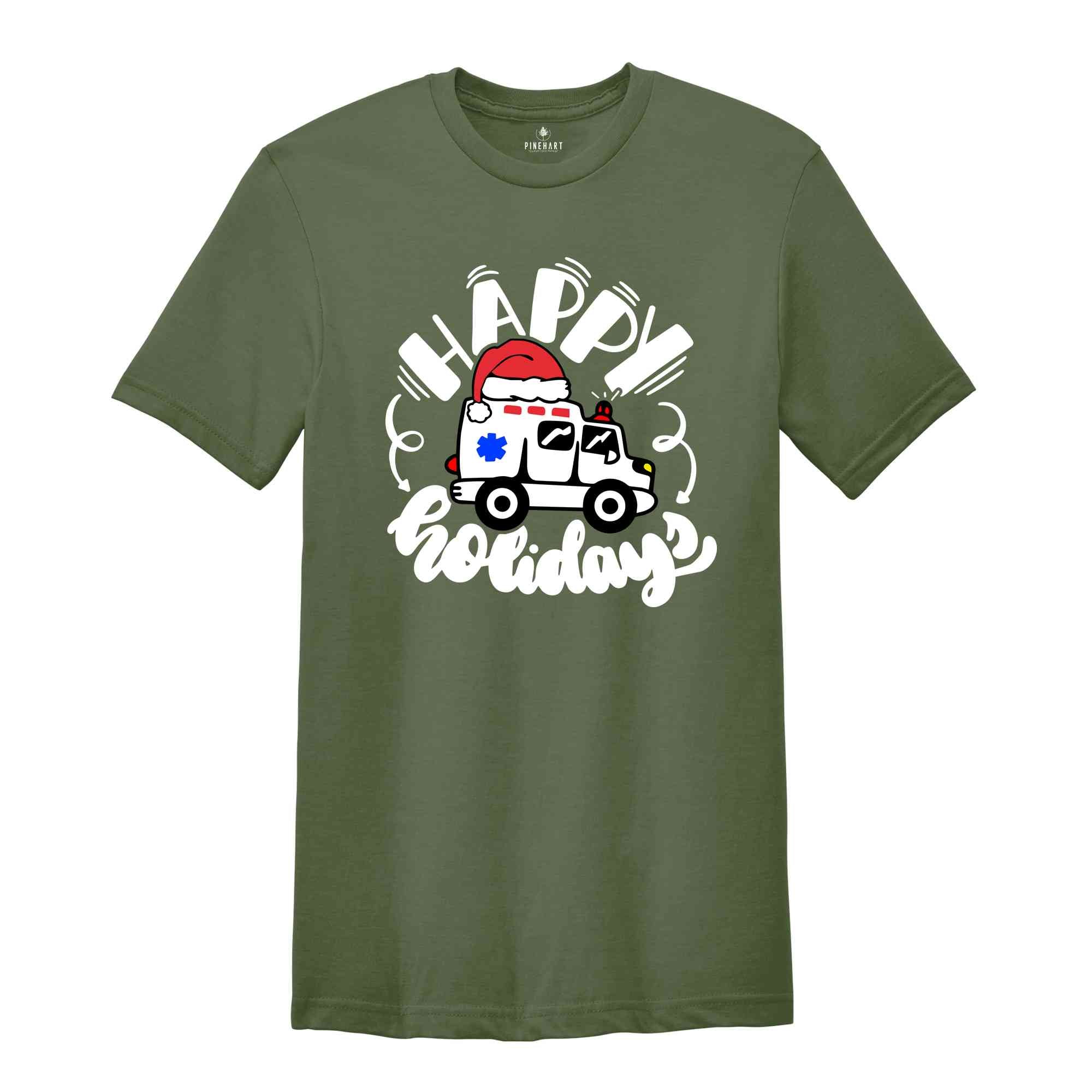 Christmas Happy Holidays Ambulance T-Shirt, Christmas ER Shirt, Gift For Emergency Medical Technician, Medical Tee