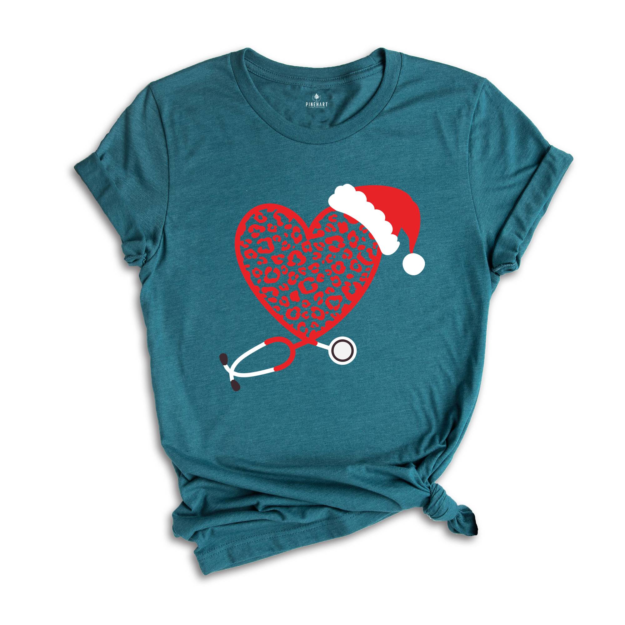 Christmas Leopard Heart Stethoscope Shirt, Nursing T-Shirt, Cute Christmas Tee, Christmas Doctor Gift, Nurse Christmas Shirt