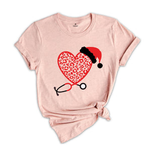 Christmas Leopard Heart Stethoscope Shirt, Nursing T-Shirt, Cute Christmas Tee, Christmas Doctor Gift, Nurse Christmas Shirt