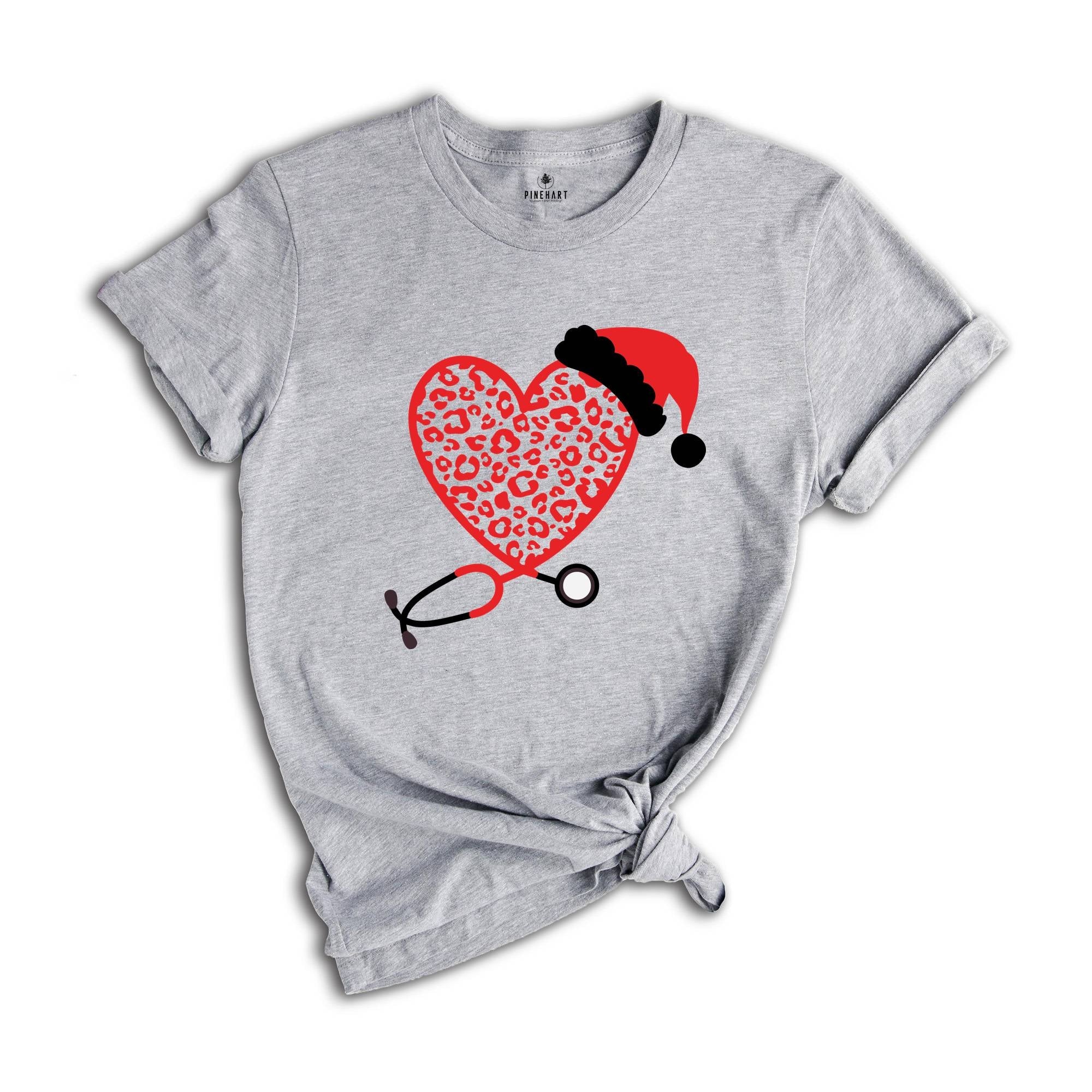 Christmas Leopard Heart Stethoscope Shirt, Nursing T-Shirt, Cute Christmas Tee, Christmas Doctor Gift, Nurse Christmas Shirt