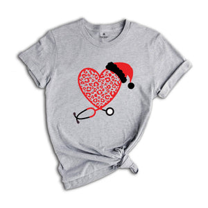Christmas Leopard Heart Stethoscope Shirt, Nursing T-Shirt, Cute Christmas Tee, Christmas Doctor Gift, Nurse Christmas Shirt