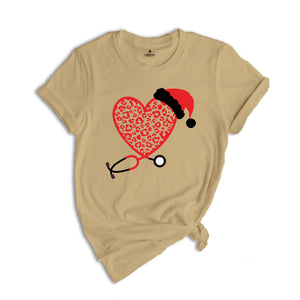 Christmas Leopard Heart Stethoscope Shirt, Nursing T-Shirt, Cute Christmas Tee, Christmas Doctor Gift, Nurse Christmas Shirt