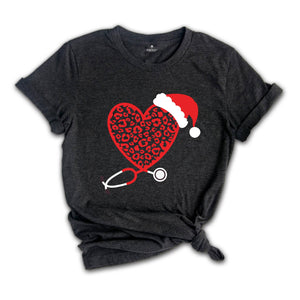 Christmas Leopard Heart Stethoscope Shirt, Nursing T-Shirt, Cute Christmas Tee, Christmas Doctor Gift, Nurse Christmas Shirt