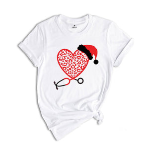 Christmas Leopard Heart Stethoscope Shirt, Nursing T-Shirt, Cute Christmas Tee, Christmas Doctor Gift, Nurse Christmas Shirt