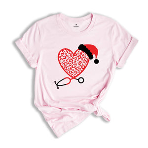 Christmas Leopard Heart Stethoscope Shirt, Nursing T-Shirt, Cute Christmas Tee, Christmas Doctor Gift, Nurse Christmas Shirt