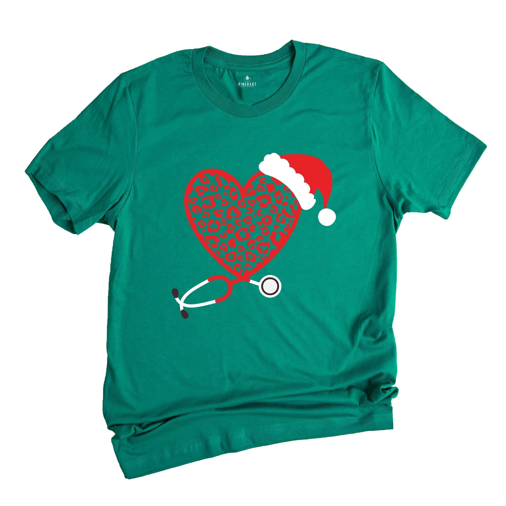Christmas Leopard Heart Stethoscope Shirt, Nursing T-Shirt, Cute Christmas Tee, Christmas Doctor Gift, Nurse Christmas Shirt