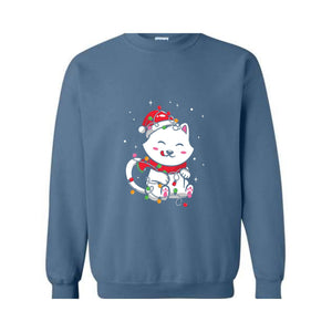 Christmas Lights Cat Sweatshirt, Christmas Cat Mom, Cat Lover Sweatshirt, Meowy Christmas Sweater, Santa Cat