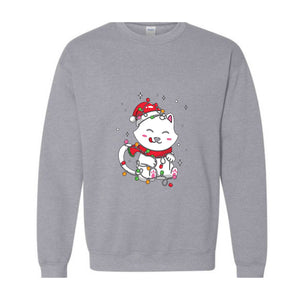 Christmas Lights Cat Sweatshirt, Christmas Cat Mom, Cat Lover Sweatshirt, Meowy Christmas Sweater, Santa Cat