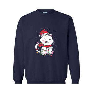 Christmas Lights Cat Sweatshirt, Christmas Cat Mom, Cat Lover Sweatshirt, Meowy Christmas Sweater, Santa Cat