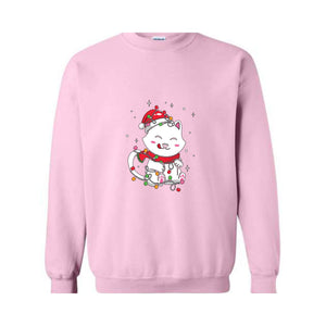 Christmas Lights Cat Sweatshirt, Christmas Cat Mom, Cat Lover Sweatshirt, Meowy Christmas Sweater, Santa Cat