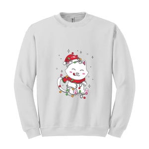 Christmas Lights Cat Sweatshirt, Christmas Cat Mom, Cat Lover Sweatshirt, Meowy Christmas Sweater, Santa Cat