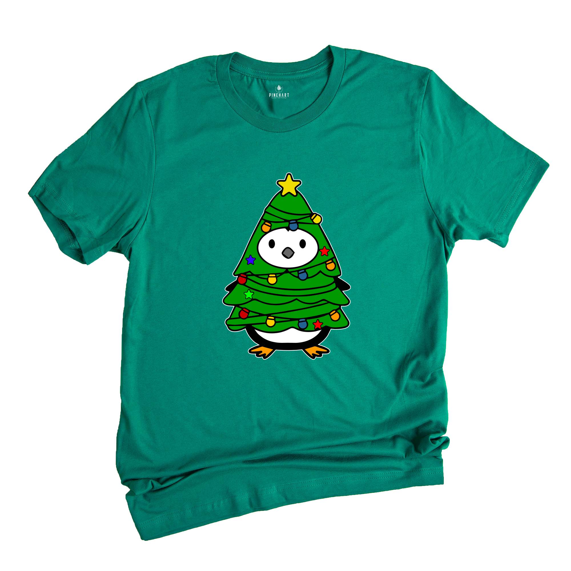 Christmas Penguin Tree Shirt, Cute Christmas Tee, Christmas Gift, Penguin In Santa Hat, Cute Penguin T-Shirt