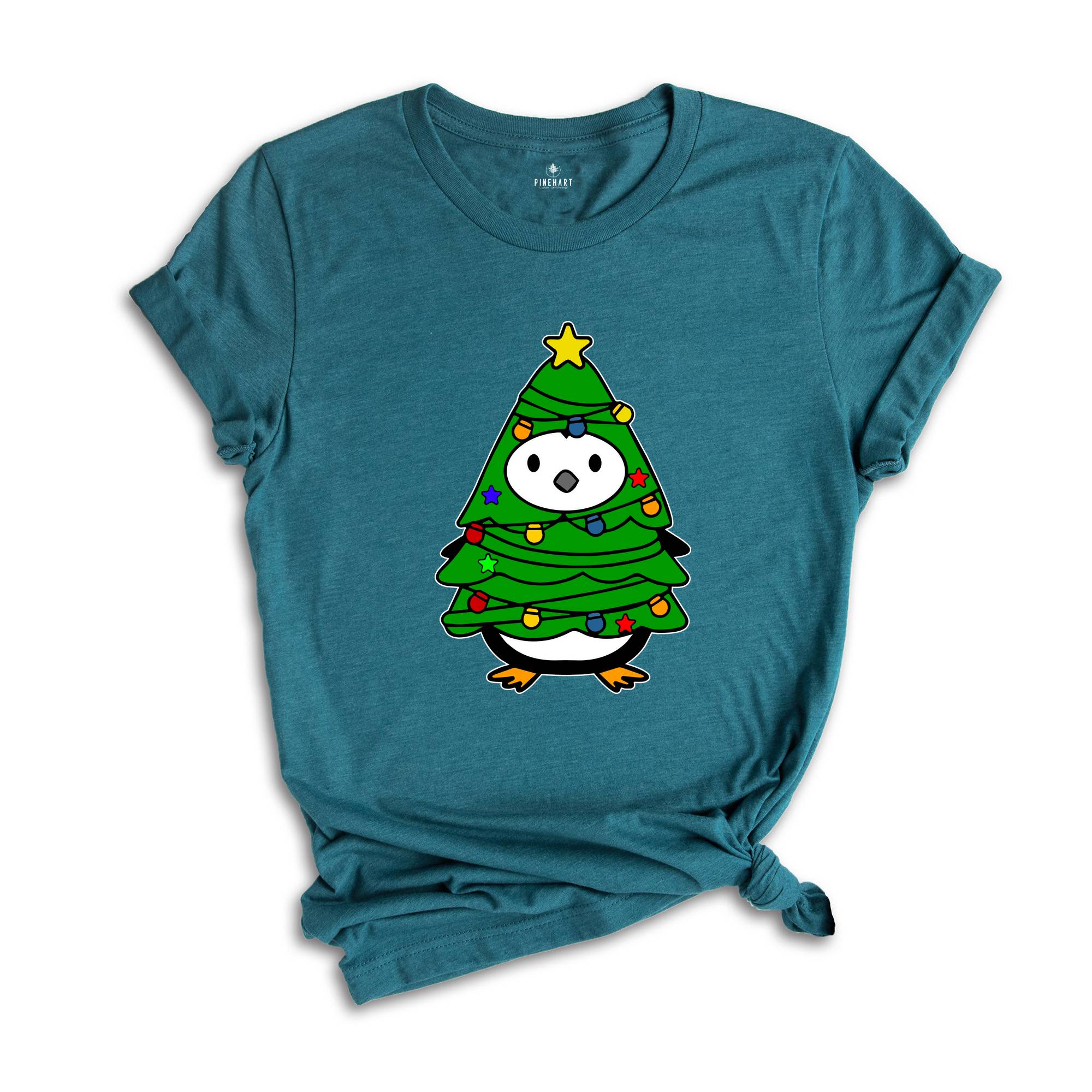 Christmas Penguin Tree Shirt, Cute Christmas Tee, Christmas Gift, Penguin In Santa Hat, Cute Penguin T-Shirt