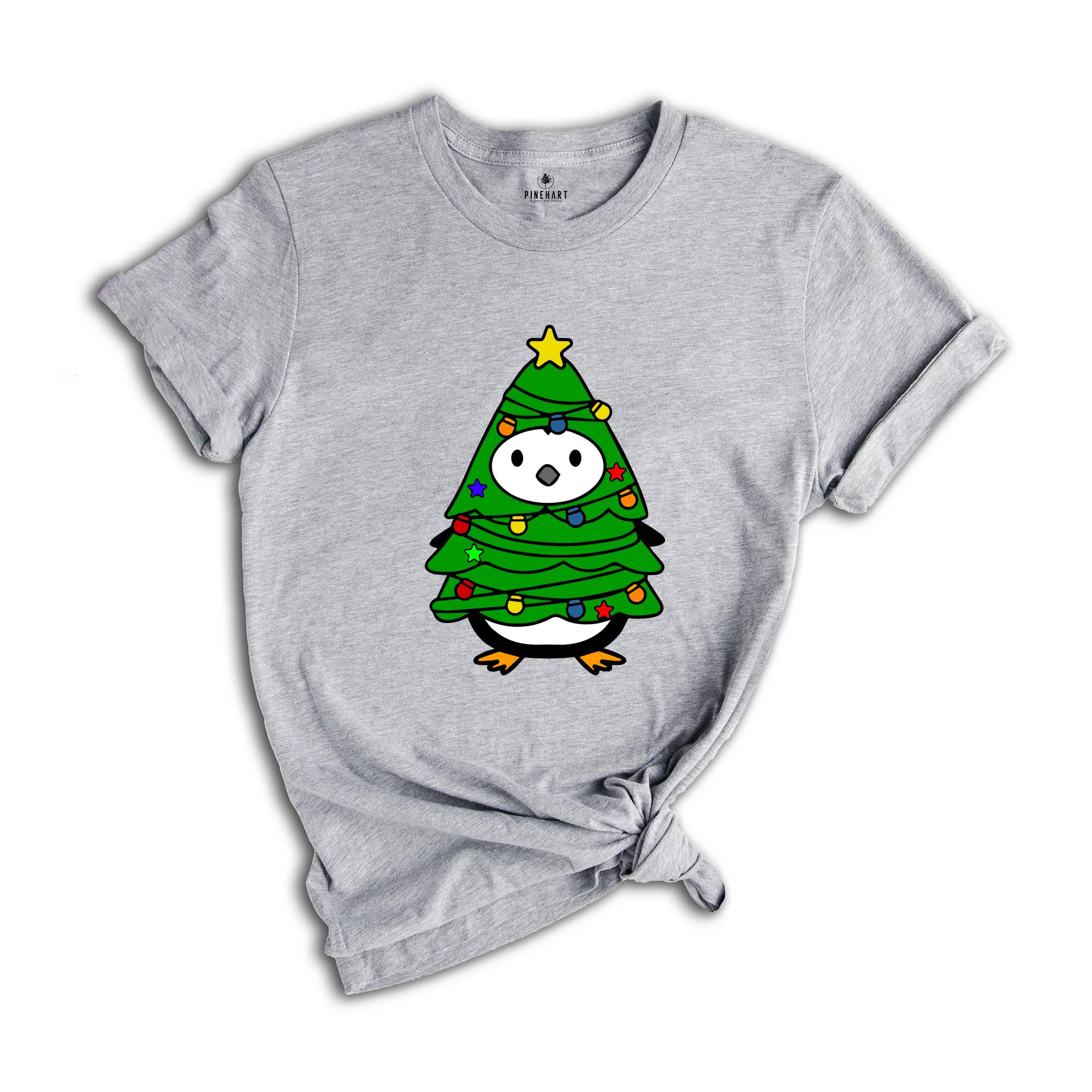 Christmas Penguin Tree Shirt, Cute Christmas Tee, Christmas Gift, Penguin In Santa Hat, Cute Penguin T-Shirt